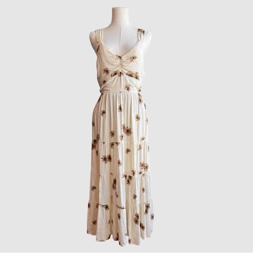 VICI Cream & Brown Floral Maxi Dress, Back Tie Closure, Size X-Large